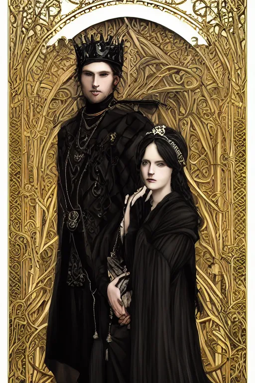 Image similar to a portrait of handsome young male nordic Satan wearing a crown and his elegant beautiful nordic cultist wife dressed in black, bored, illustration, dramatic lighting, soft details, painting oil on canvas, art nouveau, octane render, HDR, 4k, 8k, HD, by Edmund Blair Leighton, Brom, Charlie Bowater, trending on artstation, faces by Tom Bagshaw, Sargent