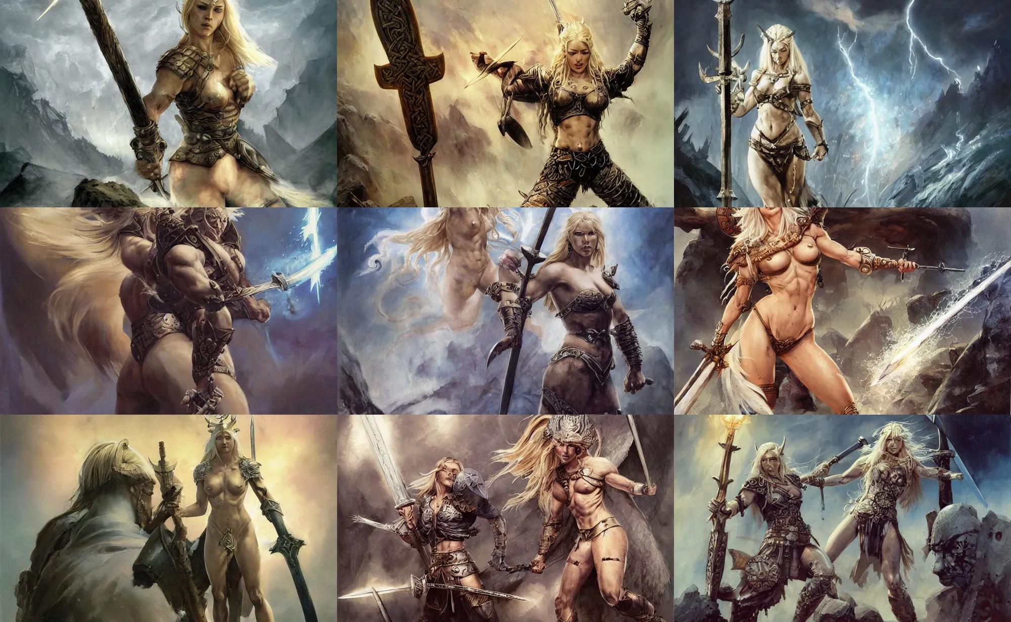 Image similar to A mixed media painting of the beautiful blonde viking goddess of war with a lightning sword, very aesthetic, detailed face, by Frank Frazetta, Greg Rutkowski, Boris Vallejo, Beeple, Christian MacNevin, epic fantasy character art, goddess of anger, viking runes, high fantasy, CGsociety, full length, exquisite detail, post-processing, low angle, masterpiece, cinematic, odin's stone arena background