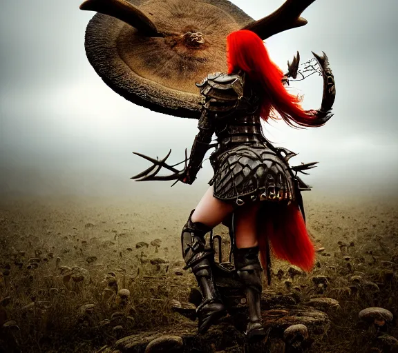 Prompt: a photo of an armored woman warrior redhead with antlers sitting facing backwards on a giant mushroom that covers a whole village and reaches above the clouds by luis royo. intricate. lifelike. soft light. sony a 7 r iv 5 5 mm. cinematic post - processing