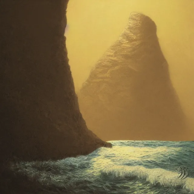 Image similar to photorealistic sepia painting of a jamaican sea cliff with the mouth of a sea cave at the waterline, dark, brooding, atmospheric, lovecraft, by dave dorman