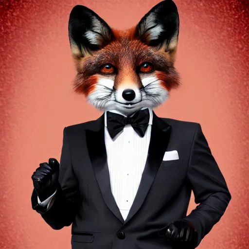 Image similar to Professional photograph of an anthropomorphic male fox wearing a fancy tuxedo, handsome eyes and a charismatic smile, hosting a show at a cabaret