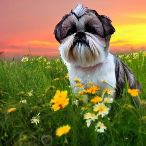 Image similar to shih tzu in a field full of flowers, photo realistic, with a sunset