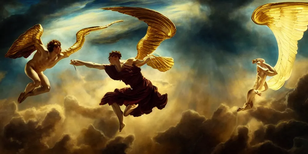 Prompt: Icarus trying to catch the golden snitch, by Rolf Armstrong and Evelyn De Morgan and Bastien Lecouffe-Deharme, dramatic lighting, high contrast colors, baroque, empyrean, panoramic view, as trending on Artstation, highly detailed, doom engine,