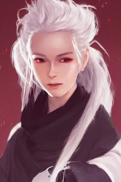 Image similar to portrait of a girl sorcerer with white hair in a messy white hairbun. She is wearing a short black tshirt, jeans pants, a red scarf. digital art, character design. in the style of wlop, rossdraws, artstation trending