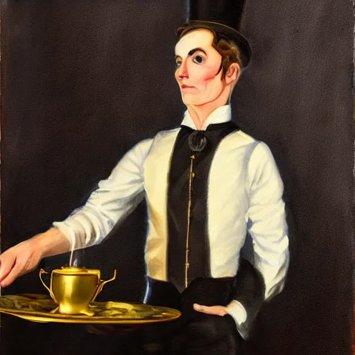 Image similar to a clockwork butler holding a plate of tea cups, steam punk, painting.