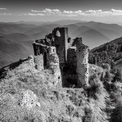 Image similar to photograph, a ruined castle on top of a big mountain, the photo was taken from very far away below the castke looking up at it, there are no other mountains around it, there is only sky in the background, day time, ambient lighting, exteme far up, ultra high detail, 8 k