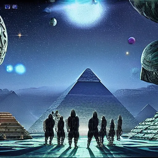 Image similar to ultrarealistic cgi aliens in a meeting of the galactic federation 1 5 0 0 0 years ago before matrix installation. realistic futuristic background unreal engine hyperdetailed photorealistik patterned robes. ancient pyramids with sacred geometry glowing scenery background in the style of android jones