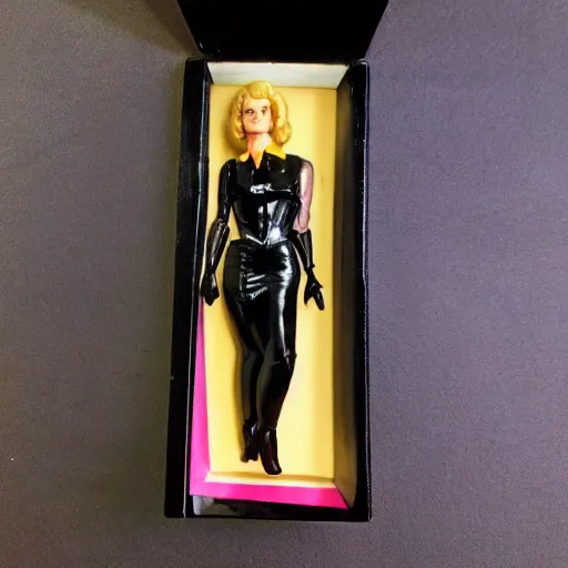 Image similar to photograph of 1 9 8 0 s femme fatale collectable action figure still in original packaging, noir toys line