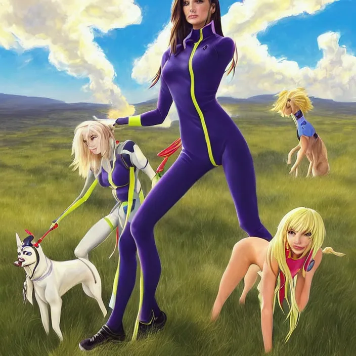 Prompt: full body portrait of a combination of Ashley Greene, Victoria Justice and Adriana Dxim, Grace Kelly and Lily Collins with blonde hair wearing a Plugsuit from Neon Genesis Evangelion and walking dogs, countryside, calm, fantasy character portrait, dynamic pose, above view, sunny day, thunder clouds in the sky, artwork by Jeremy Lipkin and Giuseppe Dangelico Pino and Michael Garmash and Rob Rey and Greg Manchess and Huang Guangjian, very coherent asymmetrical artwork, sharp edges, perfect face, simple form, 100mm