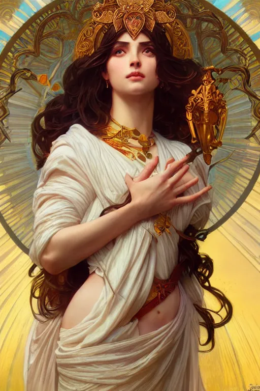 Image similar to goddess of love and peace, highly detailed, digital painting, artstation, concept art, smooth, sharp focus, illustration, Unreal Engine 5, 8K, art by artgerm and greg rutkowski and alphonse mucha