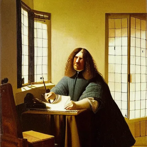 Prompt: An oil painting of Antonie van Leeuwenhoek sat at an escritoire desk with his hand touching a large fossil, there is a window with muntins to his left and a wood closet behind him, in the style of The Astronomer by Vermeer, Dutch Golden Age, Old Masters