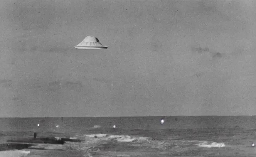 Image similar to ufo above a beach, old photo, newspaper photo, front page news