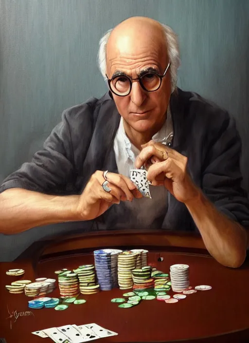 Image similar to beautiful fantasy painting of larry david playing poker, by Kenne Gregoire, James Jean, Tran Nguyen, WLOP, Jakub Rebelka. trending on Artstation, 8k, masterpiece, face enhance, graffiti paint, fine detail, full of color, intricate detail, golden ratio illustration