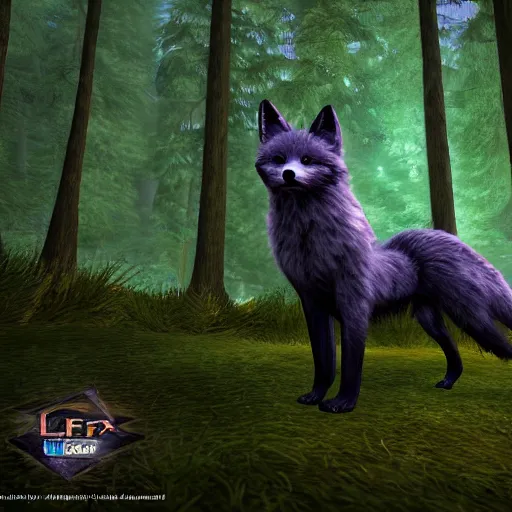 Image similar to second life game screenshot of a fluffy black fox close up beautiful and amazing fantasy forest at night, octane engine, 4 k screenshot