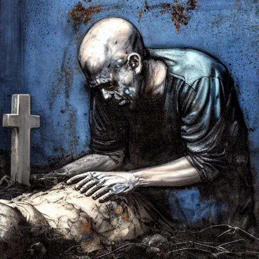 Image similar to one man in a cemetery digging up a dead body, by nicola samori, painting, 8 k, high detail, blue, orange, and dark green tones, high quality, sad feeling, high detail, dark colors, sinister atmosphere, dramatic lighting, cinematic, establishing shot, extremely high detail, photo realistic, cinematic lighting