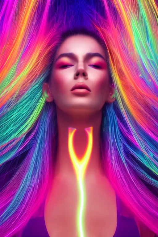 Image similar to a award winning half body portrait of a beautiful woman with stunning eyes in a croptop and leggings with rainbow colored ombre hairstyle head in motion and hair flying while dancing by thomas danthony, surrounded by whirling illuminated lines, outrun, vaporware, shaded flat illustration, digital art, trending on artstation, highly detailed, fine detail, intricate