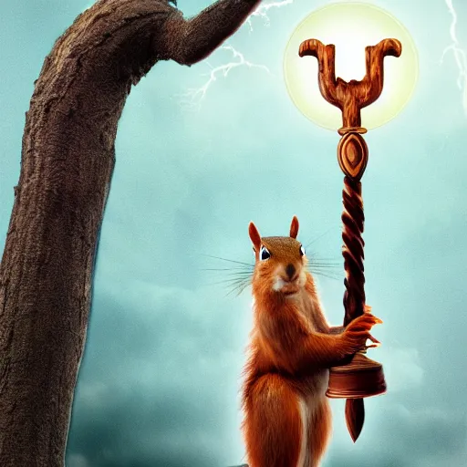 Image similar to the squirrel thor ~ holding his hammer ~ dramatic thunder background ~ trending ~