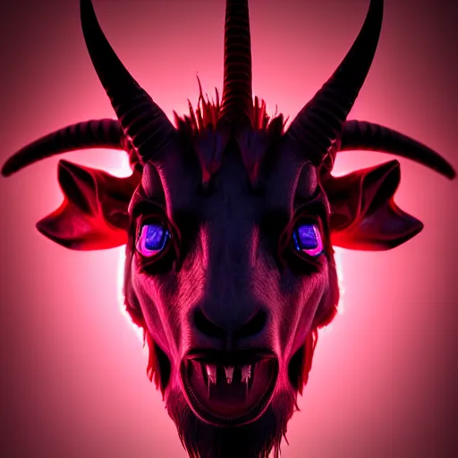 Image similar to synthwave demonic scary goat face with neon horns, detailed face, sharp focus, synthwave art, aesthetic, octane render, raw, cinematic