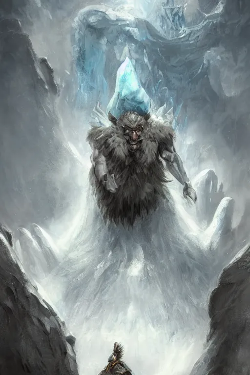 Prompt: north mythology concept art portrait painting of ice gigant ymir the ancestor of all giants by james gurney, trending on artstation, detailed