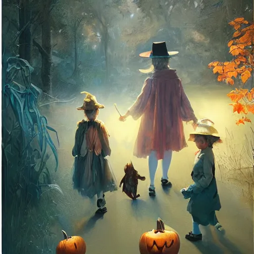 Prompt: epic masterpiece of cinematographic hyperrealism where 3 children appear trick - or - treating in halloween costumes. realistic shaded lighting poster by craig mallismo, artgerm, jeremy lipkin and michael garmash, unreal engine, radiant light, complex detailed environment, digital art, art station trends