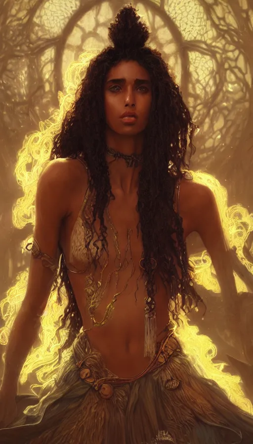 Image similar to imaan hammam, legue of legends, lord of the rings, neon, sweat, intricate, highly detailed, digital painting, artstation, concept art, smooth, sharp focus, illustration, unreal engine 5, 8 k, art by artgerm and greg rutkowski and alphonse mucha