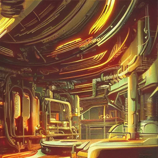 Prompt: painting of a syd mead scifi ancient civilzation interior engine room, floral ornaments