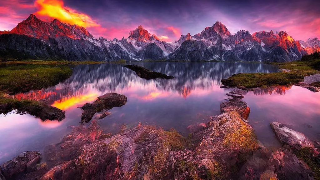 Image similar to amazing landscape photo of mountains with lake in sunset by marc adamus, beautiful dramatic lighting