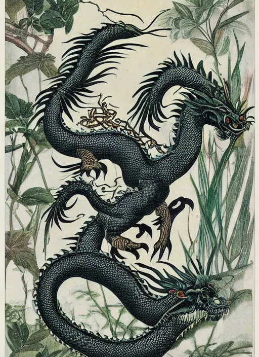 Prompt: vintage chinese dragon in a tropical forest, john james audubon, ernst haeckel, intaglio, sharp focus