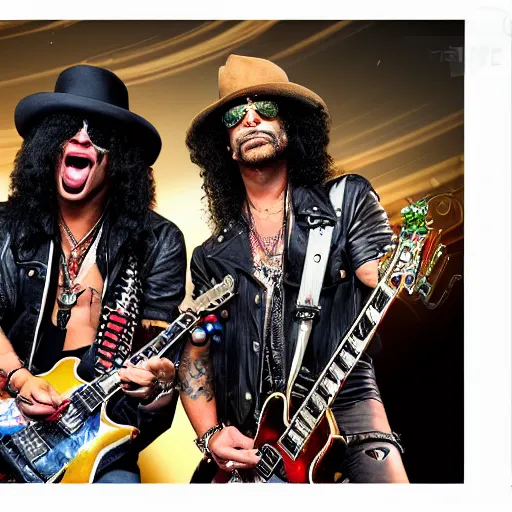 Prompt: a photo realistic of slash of guns and roses in a weird party