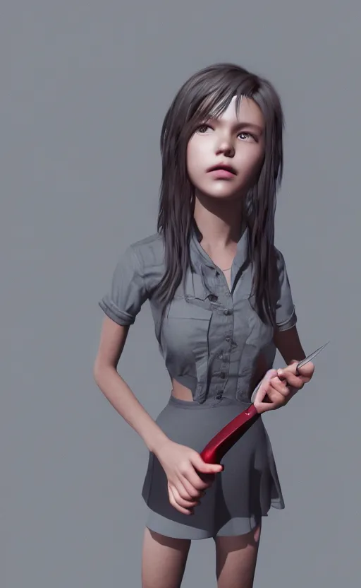 Image similar to school girl holding a knife, gloomy and foggy atmosphere, octane render, artstation trending, horror scene, highly detailded