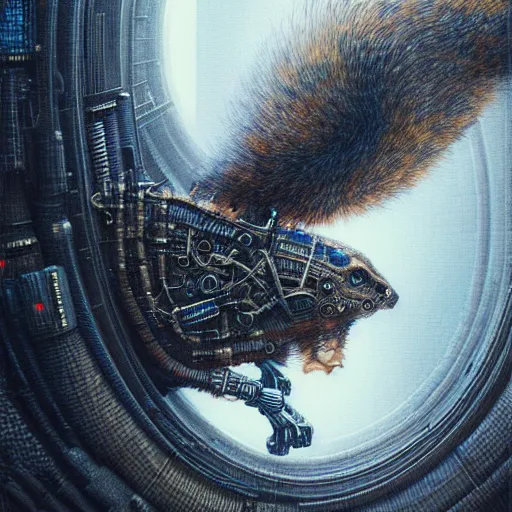 Image similar to a highly detailed long shot photo, cyberpunk mechanical squirrel, by ayami kojima, beksinski, giger, intricate, digital painting, artstation, intricate, concept art, smooth, sharp focus, illustration