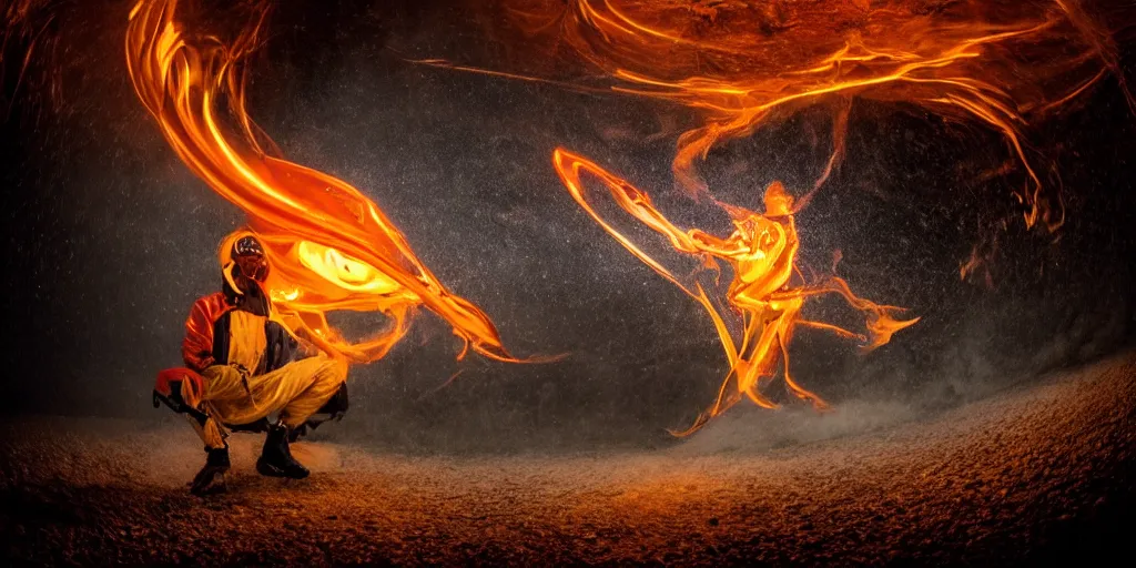 Prompt: fisheye slow motion with trail fire effect of futuristic break dancer wearing long dark cloak and golden helmet emitting fire, long exposure shot , enigmatic, at night underwater in the middle of the arctic with red light A letter, paddle of water, steam, fog, water splashes, rim lights, glossy reflections, water droplets on lens, octane render, Volumetric dynamic lighting, stunning cover magazine, high details, hajime sorayama