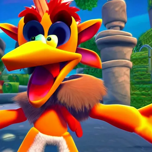 Image similar to screenshot of a cute wacky humanoid goose enemy with a coat in crash bandicoot video game, crash bandicoot 4, playstation 1 era graphics, activision blizzard style, 4 k upscaled graphics