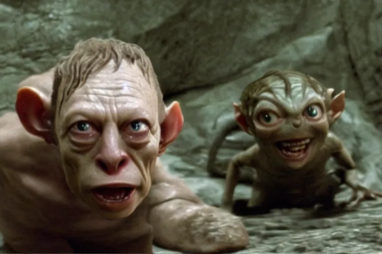 Prompt: film still of Elon Musk playing the role of Gollum Sméagol, from the movie The Lord of the Rings: The Fellowship of the Ring (2001)