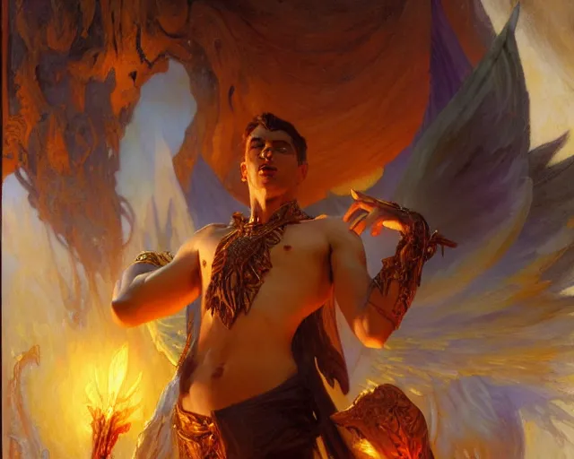 Image similar to attractive lucifer morning star summons death. highly detailed painting by gaston bussiere, craig mullins, j. c. leyendecker 8 k