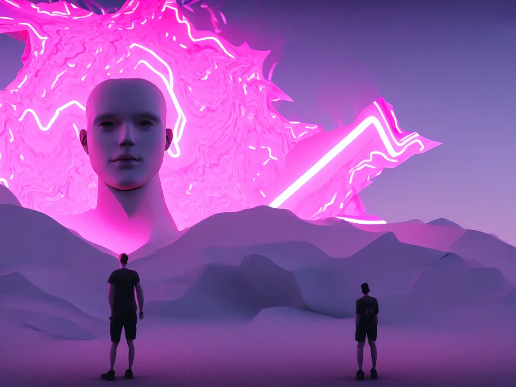 Image similar to manikin made of marble, fractal neon explosion revealing a portal to a vaporwave paracosm, mountains in background, introspective, cinematic, rule of thirds, clean linework, dramatic, award winning, 4 k, trending on artstation, photorealistic, volumetric lighting, octane render