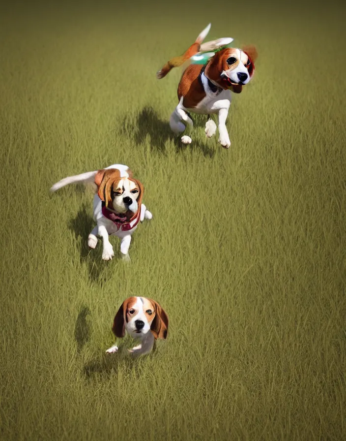 Image similar to a beagle running in a field . intricate artwork by art-station. octane render, cinematic, hyper realism, 8k, depth of field.