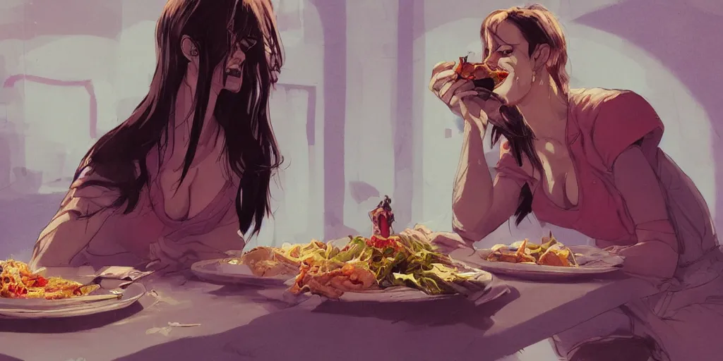 Image similar to cartoonish eva green eating dinner, vivid colors, character sheet, fine details, concept design, contrast, kim jung gi, greg rutkowski, enki bilal, trending on artstation, 8 k, full body, turnaround, front view, back view, ultra wide angle