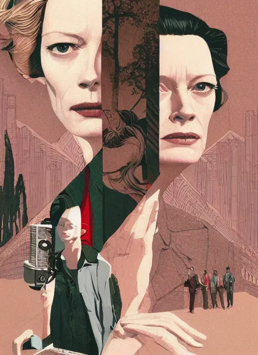 Prompt: Twin Peaks poster artwork by Michael Whelan, Bob Larkin and Tomer Hanuka, Karol Bak of portrait of radio host Tilda Swinton hanging out in her studio radio sound booth, from scene from Twin Peaks, simple illustration, domestic, nostalgic, from scene from Twin Peaks, clean, cover of New Yorker magazine, 1980s book cover, 1990s