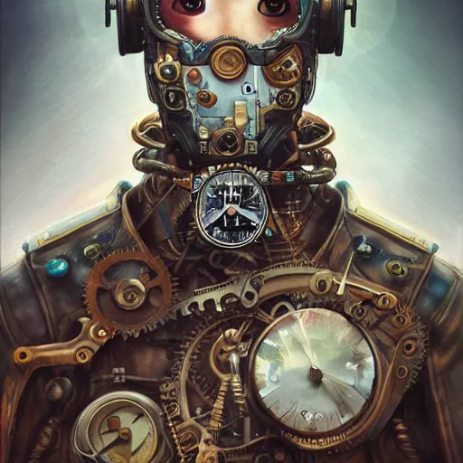 Prompt: portrait painting of a steampunk cyborg superhero, transhumanism, ultra realistic, concept art, studio ghibli, intricate details, eerie highly detailed