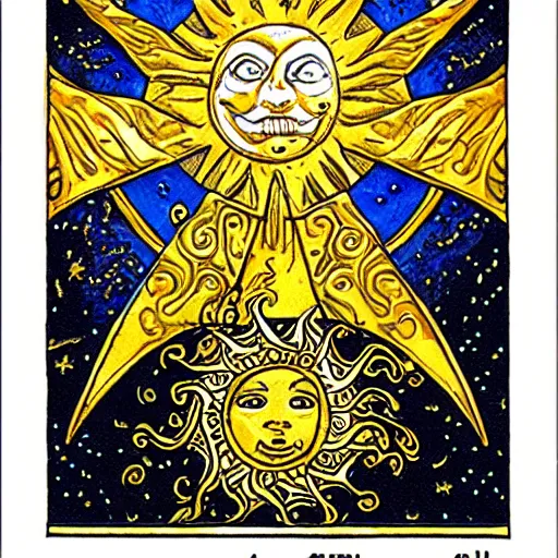 Image similar to sun and moon tarot card, extremely detailed, golden ornament, stunning, realistic