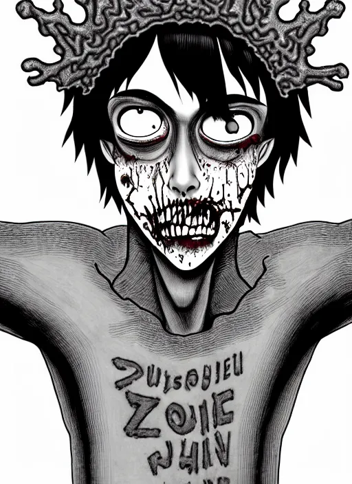 Image similar to junji ito style portrait of zombie teenage jughead jones wearing a light grey crown, photorealistic, zombie, crown, rotting skin, blind eyes, white eyes, crown, black hair, intricate, highly detailed, illustration, art by junji ito