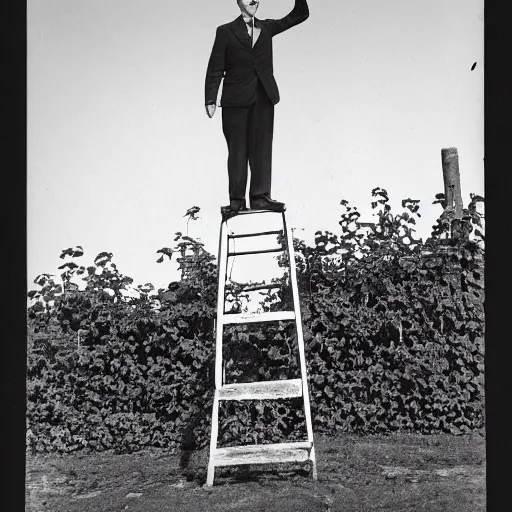 Prompt: vintage, black and white photograph of a man standing proudly next to a two - story - tall strawberry