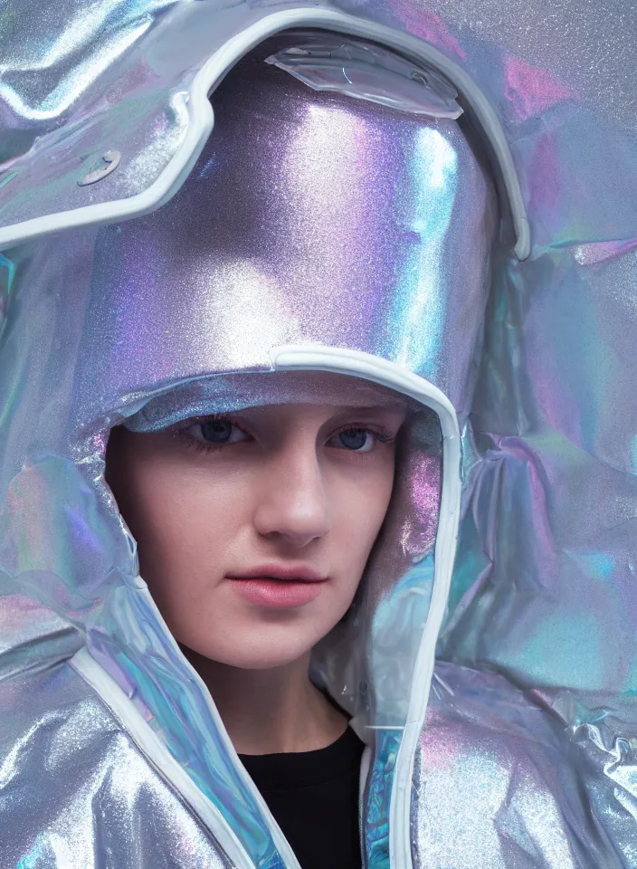 Image similar to an ultra high definition professional studio quality portrait photograph of a silver skinned android influencer wearing a transparent iridescent pastel coloured visor and matching wavey raincoat on white hook in a sheer icelandic black rock environment. three point light. dramatic lighting. volumetric shadows. light rays