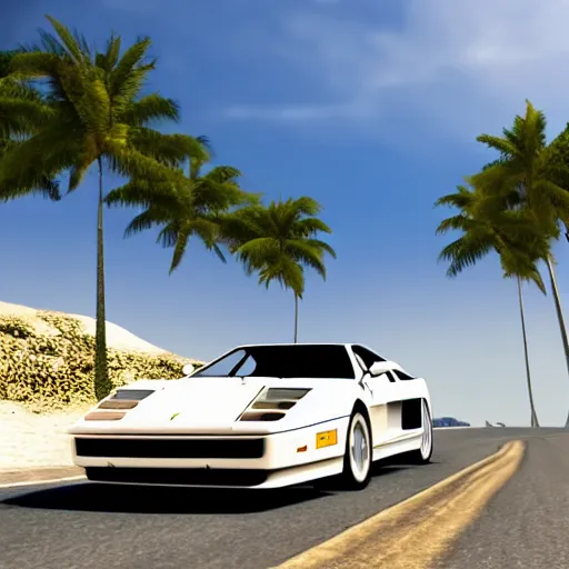 Prompt: a Ferrari Testarossa on a road next to a white sand beach with palm trees@in unreal engine