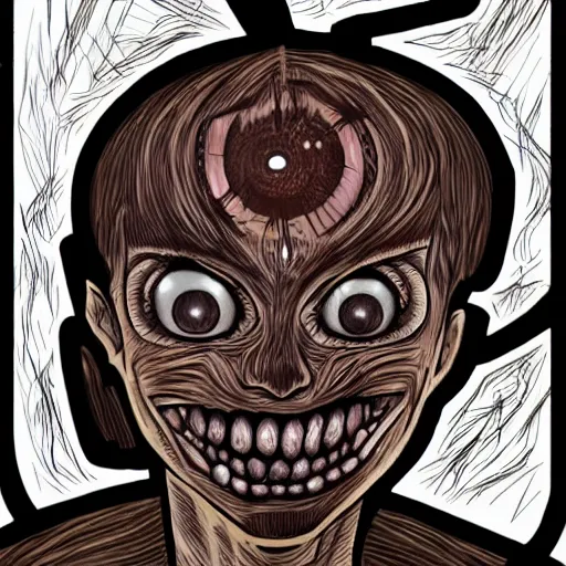 Image similar to a dark brown humanoid, hyper detailed, in the style of junji ito and and junji ito and junji ito, selfie