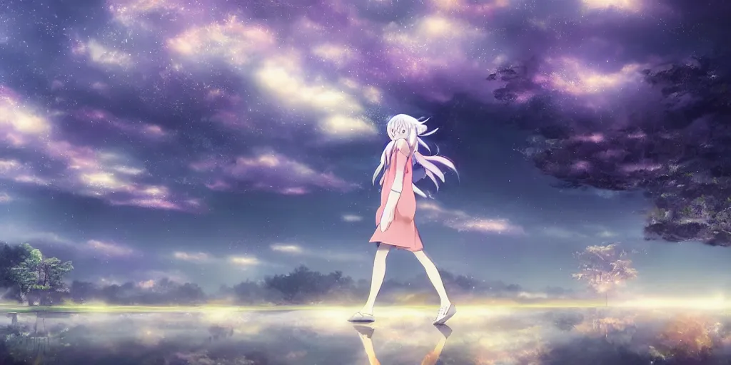 Prompt: white haired girl walking in cloud pond night, fractal dreamscape, shattered sky cinematic, mirror reflection, vibrant colors, digital anime illustration, award winning, by makoto shinkai