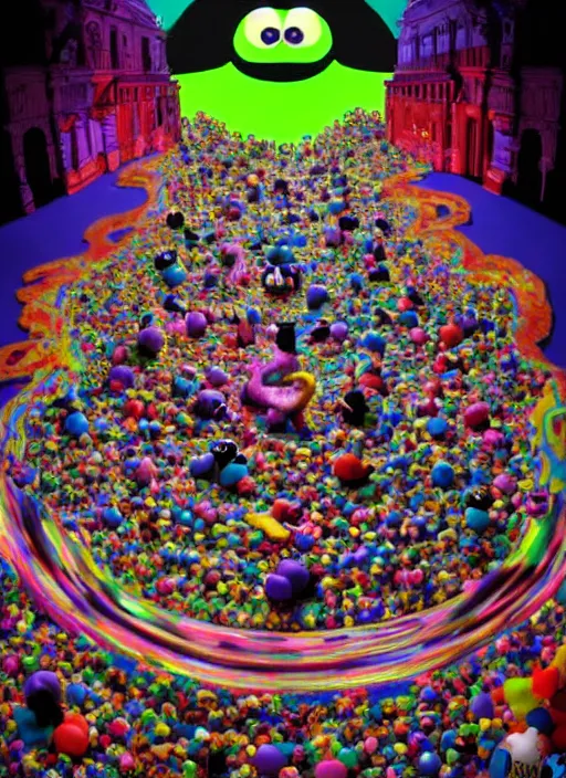 Image similar to 8k hyper realistic detailed image swirl of unholy Cookie Monster rites in a coven of Muppets, Black Frank the goat and neon pentagram in the center, rich deep colors, neon colors, cinematic shot by Alfonso Cuaron, part by Gaspar Noe. Art by Takashi Murakami, part by Jeff Koons. wide angle. masterpiece, ultra detailed