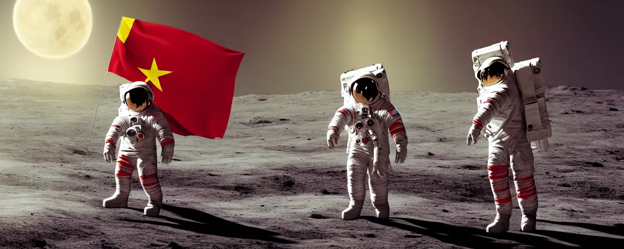 Image similar to an astronaut in red on white on yellow costume holding vietnam flag, standing on the moon, cinematic composition, concept art by greg rutkowski, cosmic background, octane render