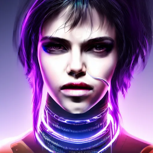 Image similar to headshot portrait of cyberpunk woman wearing thick steel choker around neck, 4K, detailed face, collar on neck, realistic, artstation, cyberpunk style, neon,